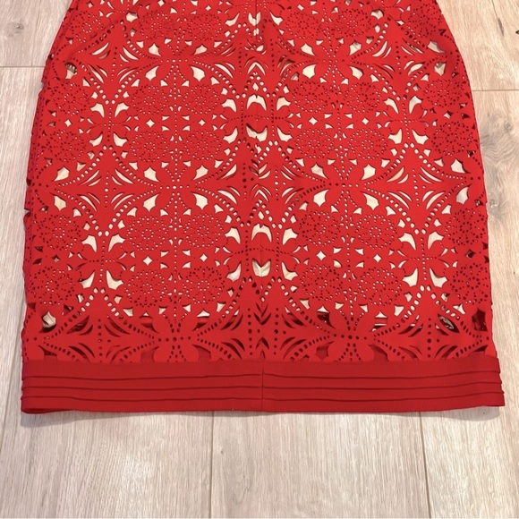 Tadashi Shoji Red Laser Cut Suede Sheath Knee Length Dress Size medium - Picture 9 of 16